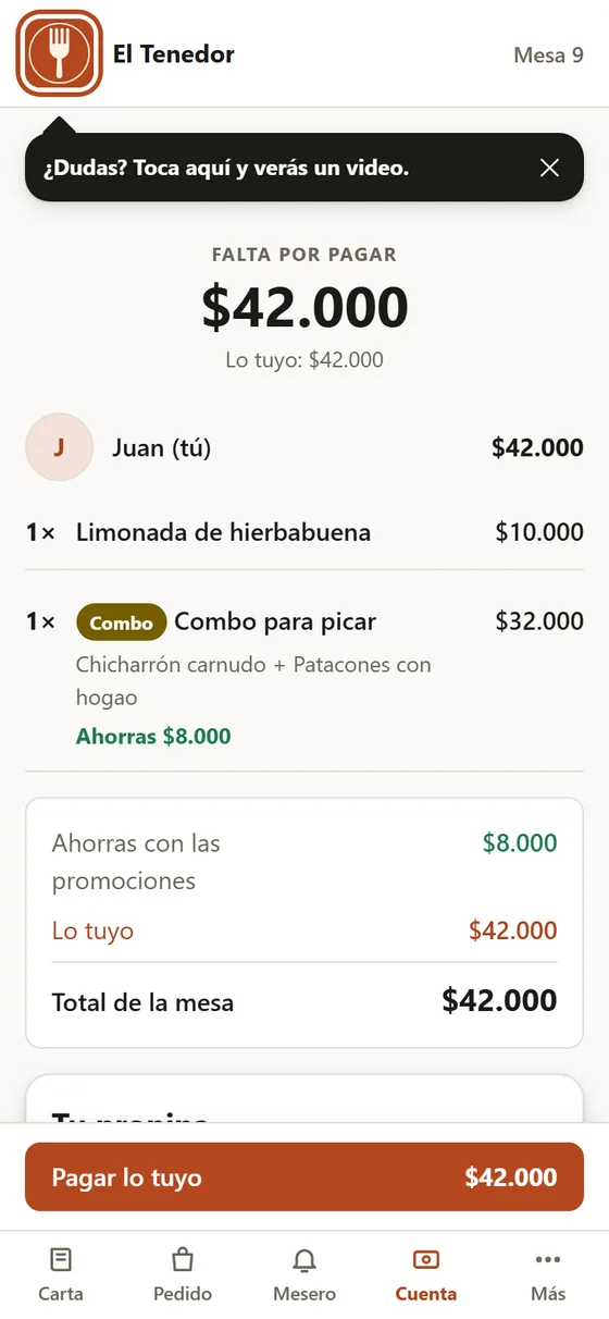 La cuenta de la mesa con lo de cada quien